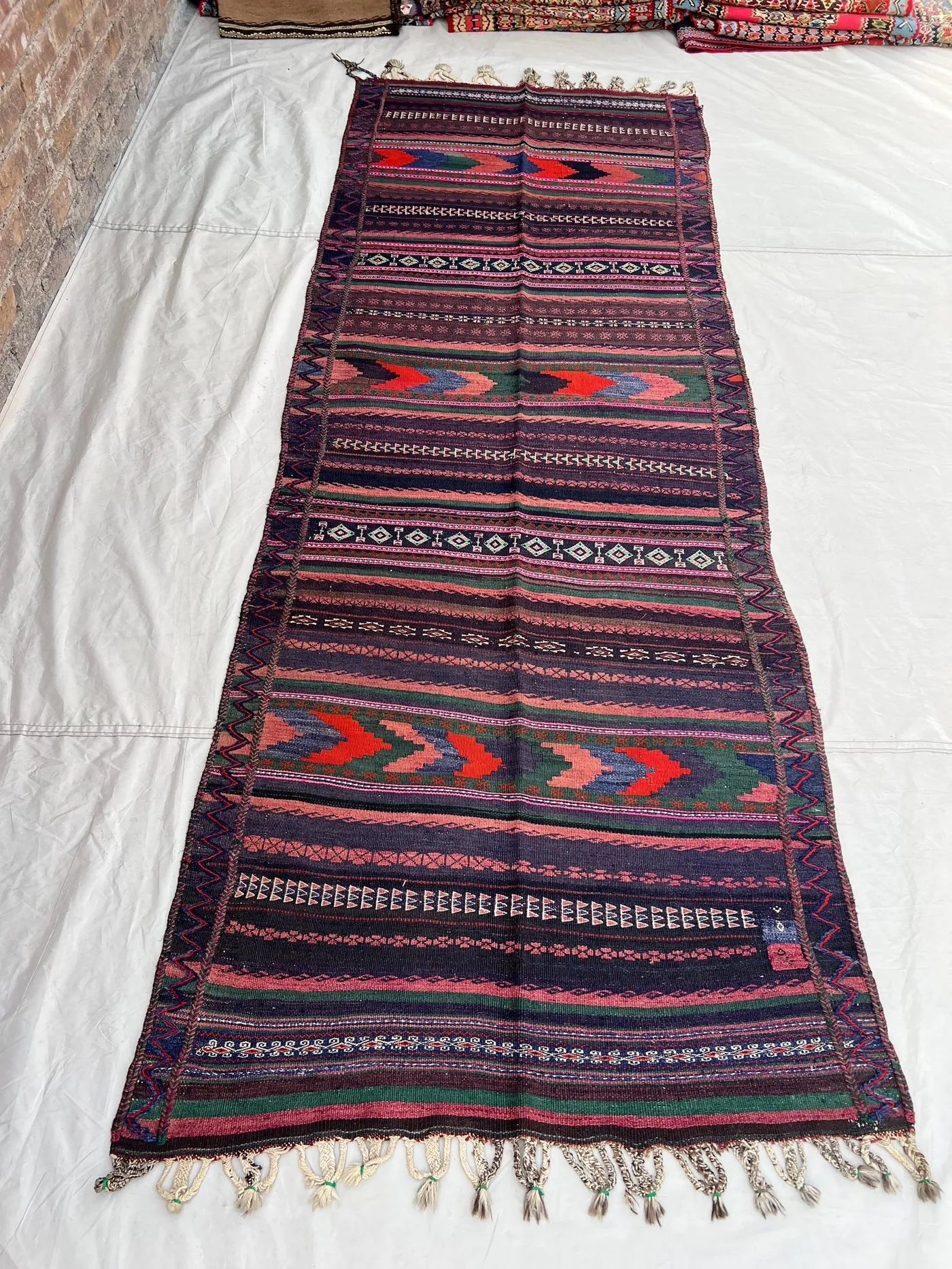 3'5x9'6 Vintage Afghan Kilim Handwoven Wool Flatweave Chevron Arrow Stripe Dark Purple Pink Red Green Long Runner | Hallway Entryway Living