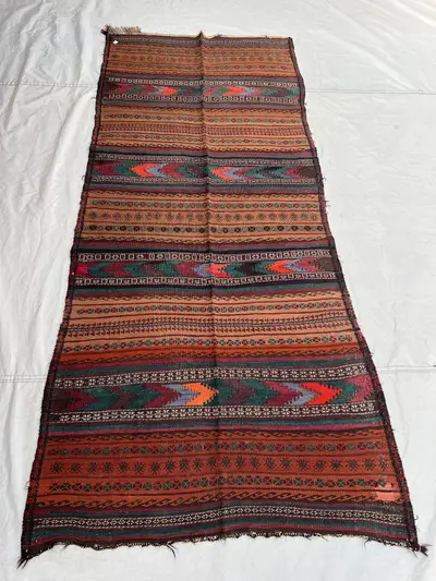 3'5x7'10 Vintage Afghan Kilim Handwoven Wool Flatweave Stripe Chevron Zigzag Camel Rust Orange Teal Area Rug |