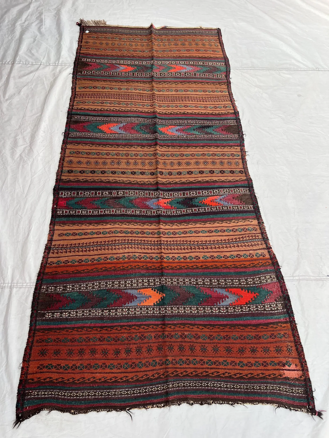 3'5x7'10 Vintage Afghan Kilim Handwoven Wool Flatweave Stripe Chevron Zigzag Camel Rust Orange Teal Area Rug | Living Room Bedroom