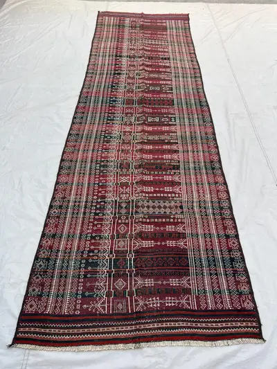 4x13'3 ft Vintage Afghan Hand-Woven Wool Kilim Runner | Dense Geometric Stripe & Embroidered Band Repeat | Dee