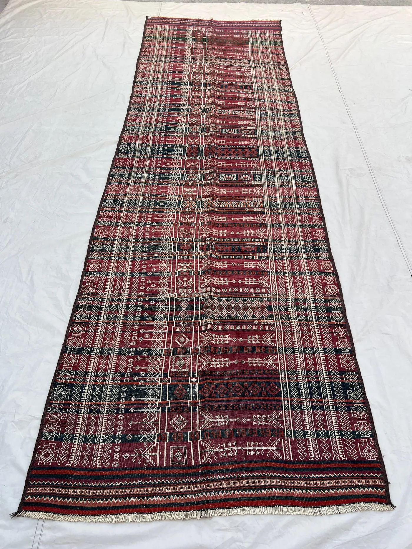 4x13'3 ft Vintage Afghan Hand-Woven Wool Kilim Runner | Dense Geometric Stripe & Embroidered Band Repeat | Deep Burgundy