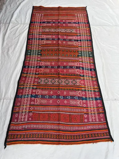 3'8x8'4 Ft Vintage Afghan Kilim Handwoven Wool Flatweave All-Over Embroidered Stripe Arrow Star Magenta Orange