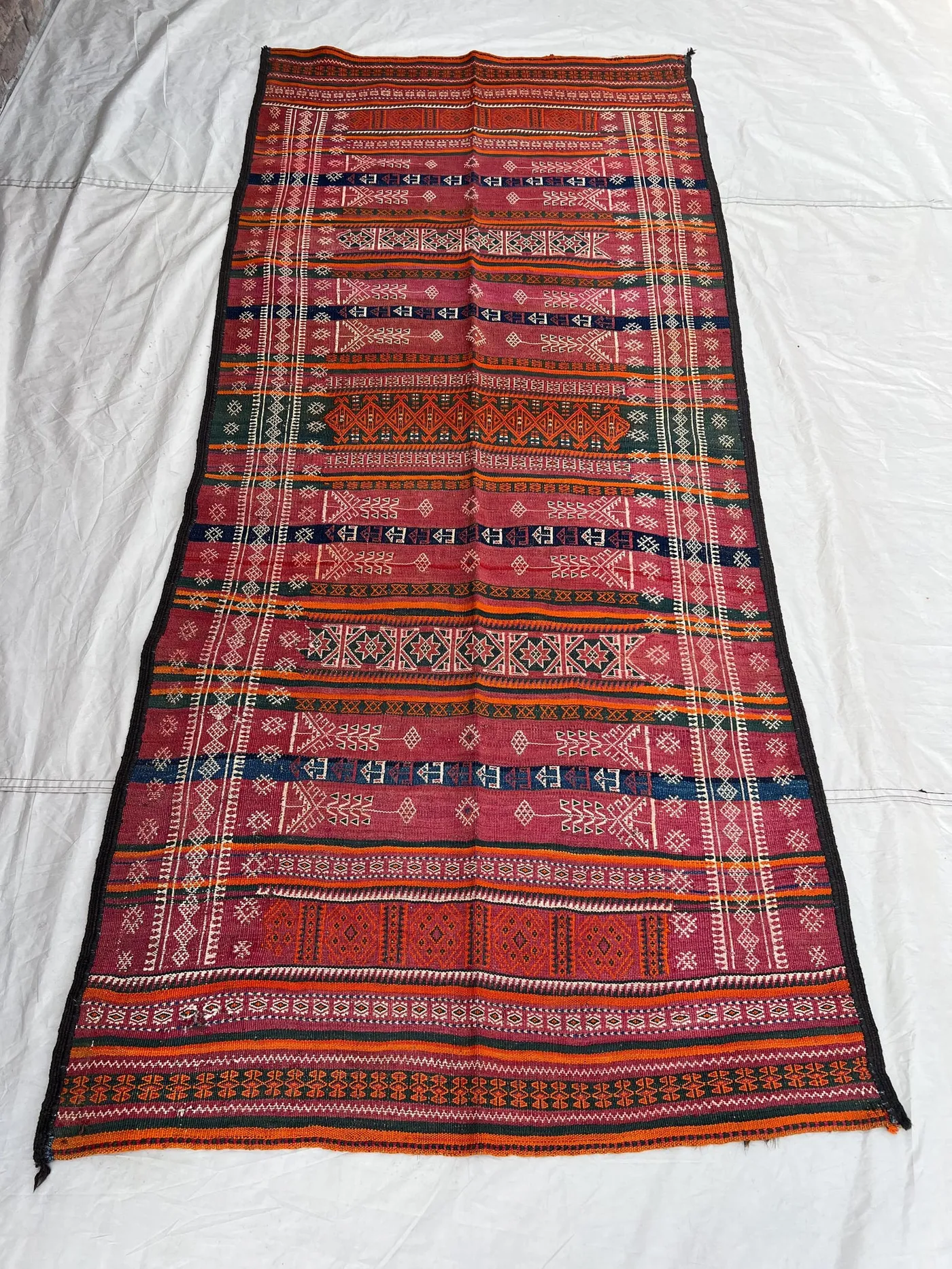 3'8x8'4 Ft Vintage Afghan Kilim Handwoven Wool Flatweave All-Over Embroidered Stripe Arrow Star Magenta Orange Navy Area Rug | Living Room