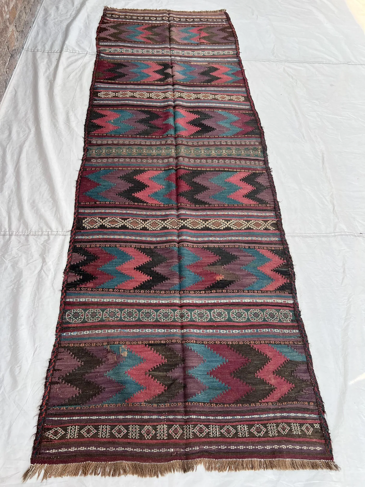 3'3x9'9 Vintage Afghan Kilim Handwoven Wool Flatweave Bold Chevron Zigzag Stripe Burgundy Teal Pink Long Runner Hallway Entryway Living Room
