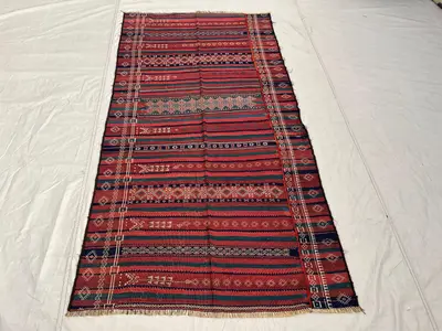 3'10x7x5 Ft Antique Afghan Tribal Kilim Handwoven Wool Flatweave Striped Geometric Diamond Deep Red Navy Green