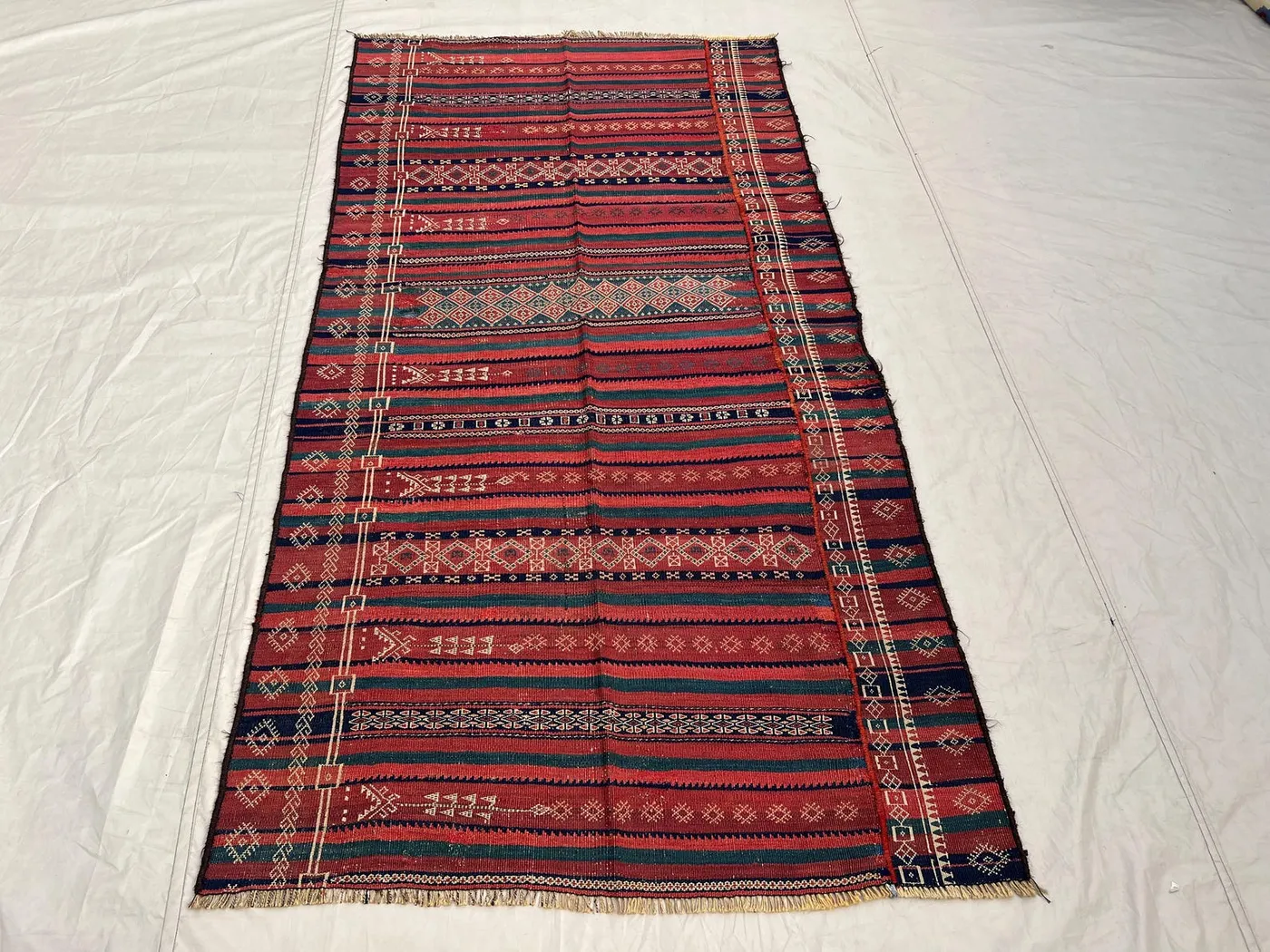 3'10x7x5 Ft Antique Afghan Tribal Kilim Handwoven Wool Flatweave Striped Geometric Diamond Deep Red Navy Green Area Rug Living Room Bedroom