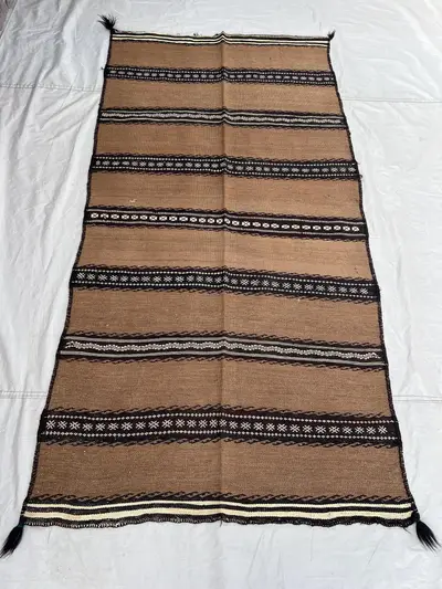 3'10x7'7 Ft Vintage Afghan Kilim Handwoven Wool Flatweave Minimalist Stripe Camel Brown Black Ivory Natural Ar