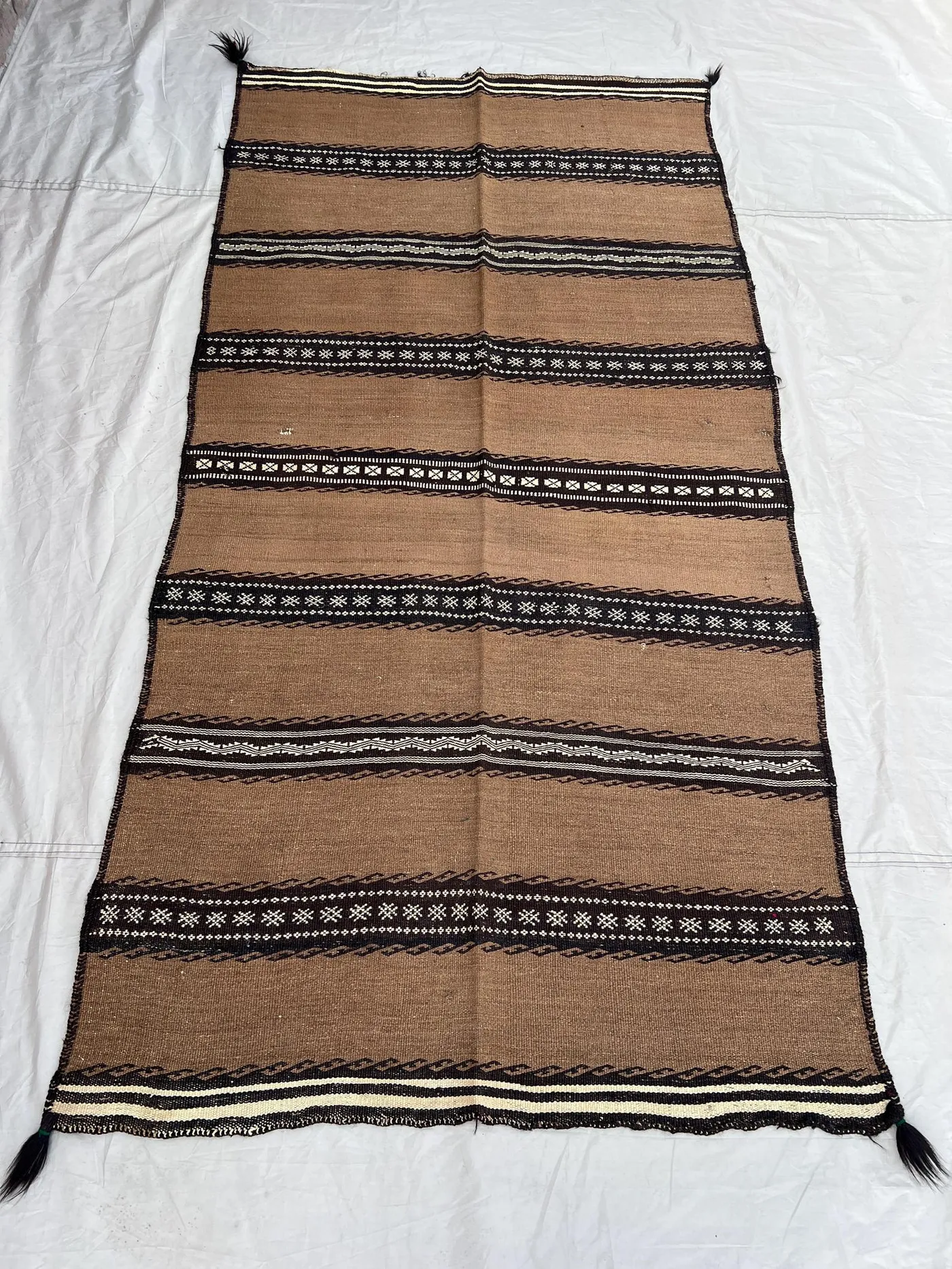 3'10x7'7 Ft Vintage Afghan Kilim Handwoven Wool Flatweave Minimalist Stripe Camel Brown Black Ivory Natural Area Rug | Living Room Bedroom