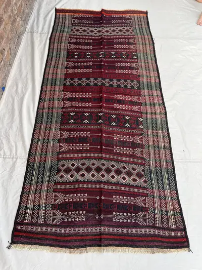 3'8x8'4 Vintage Afghan Flat Woven Soumak Wool Kilim Dark Burgundy Green Geometric Diamond Arrow Tribal Boho Li