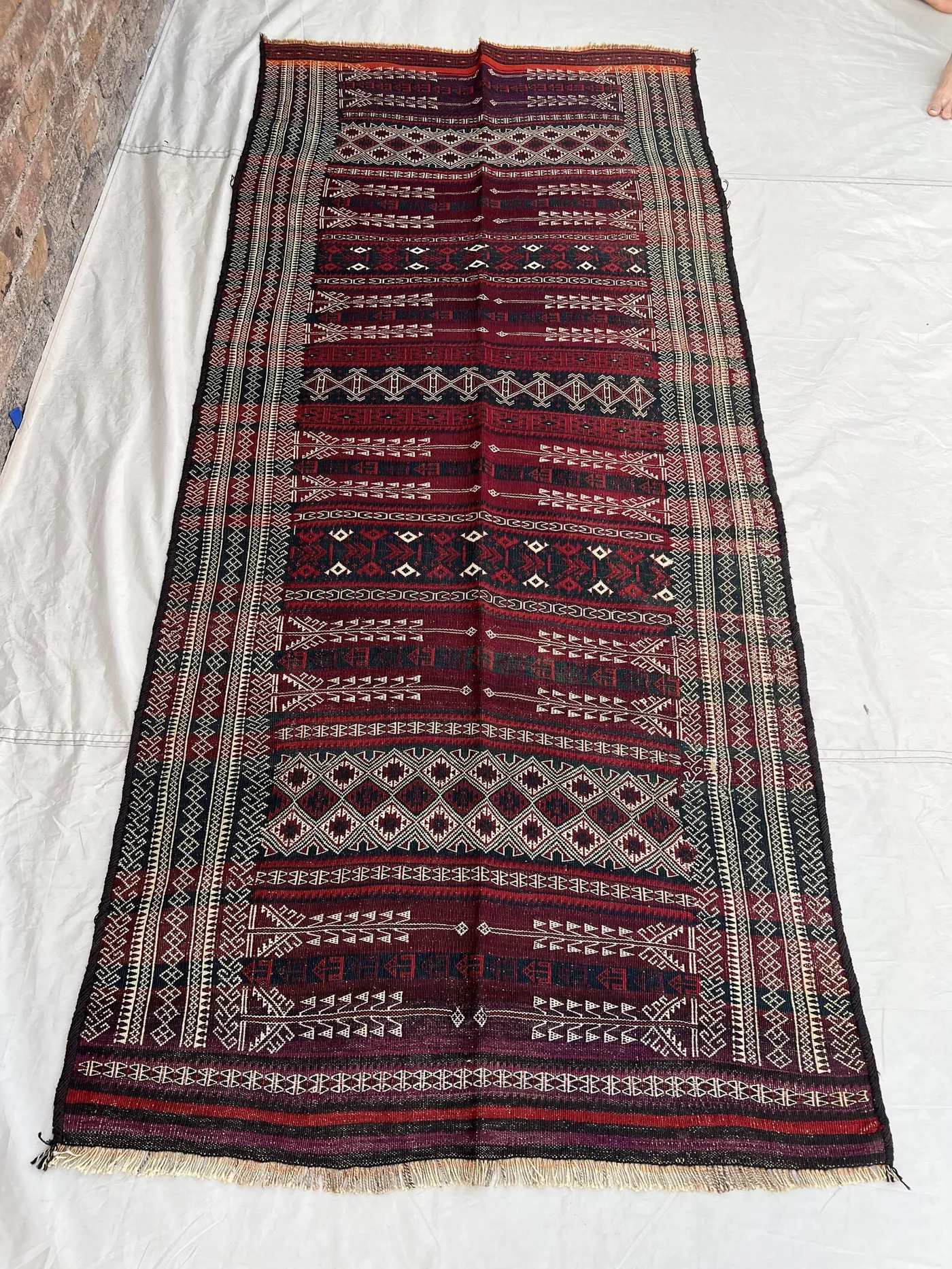 3'8x8'4 Vintage Afghan Flat Woven Soumak Wool Kilim Dark Burgundy Green Geometric Diamond Arrow Tribal Boho Living Room Hallway Carpet