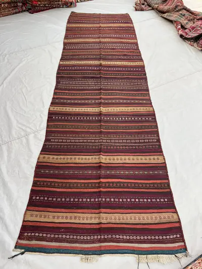 3'8x12'1 ft Vintage Afghan Hand-Woven Kilim Runner Horizontal Stripe & Embroidered Geometric Band | Deep Plum 