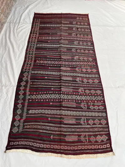 3'10x8'11 Vintage Afghan Flat Woven Soumak Wool Kilim Dark Green Red Stripe Geometric Arrow Diamond Tribal Boh