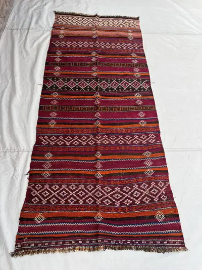 3'5x7'11 Vintage Afghan Flat Woven Wool Kilim Rich Magenta Purple Orange Stripe Geometric Diamond Tribal Boho 