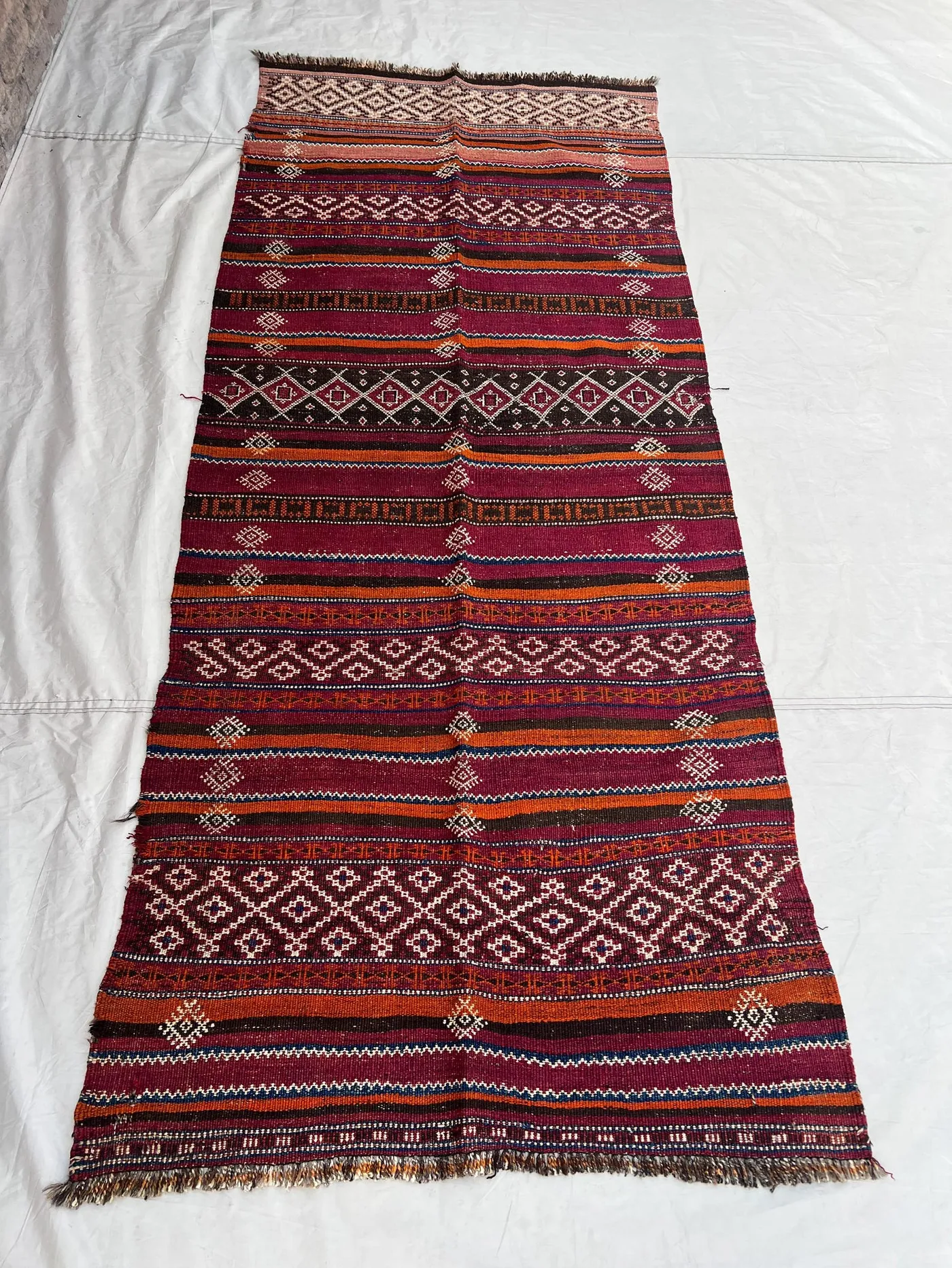 3'5x7'11 Vintage Afghan Flat Woven Wool Kilim Rich Magenta Purple Orange Stripe Geometric Diamond Tribal Boho Hallway Bedroom Carpet