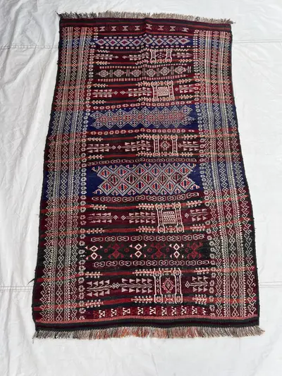3'5x6'2 Antique Afghan Flat Woven Soumak Wool Kilim Dark Burgundy Navy Stripe Geometric Diamond Arrow Tribal B