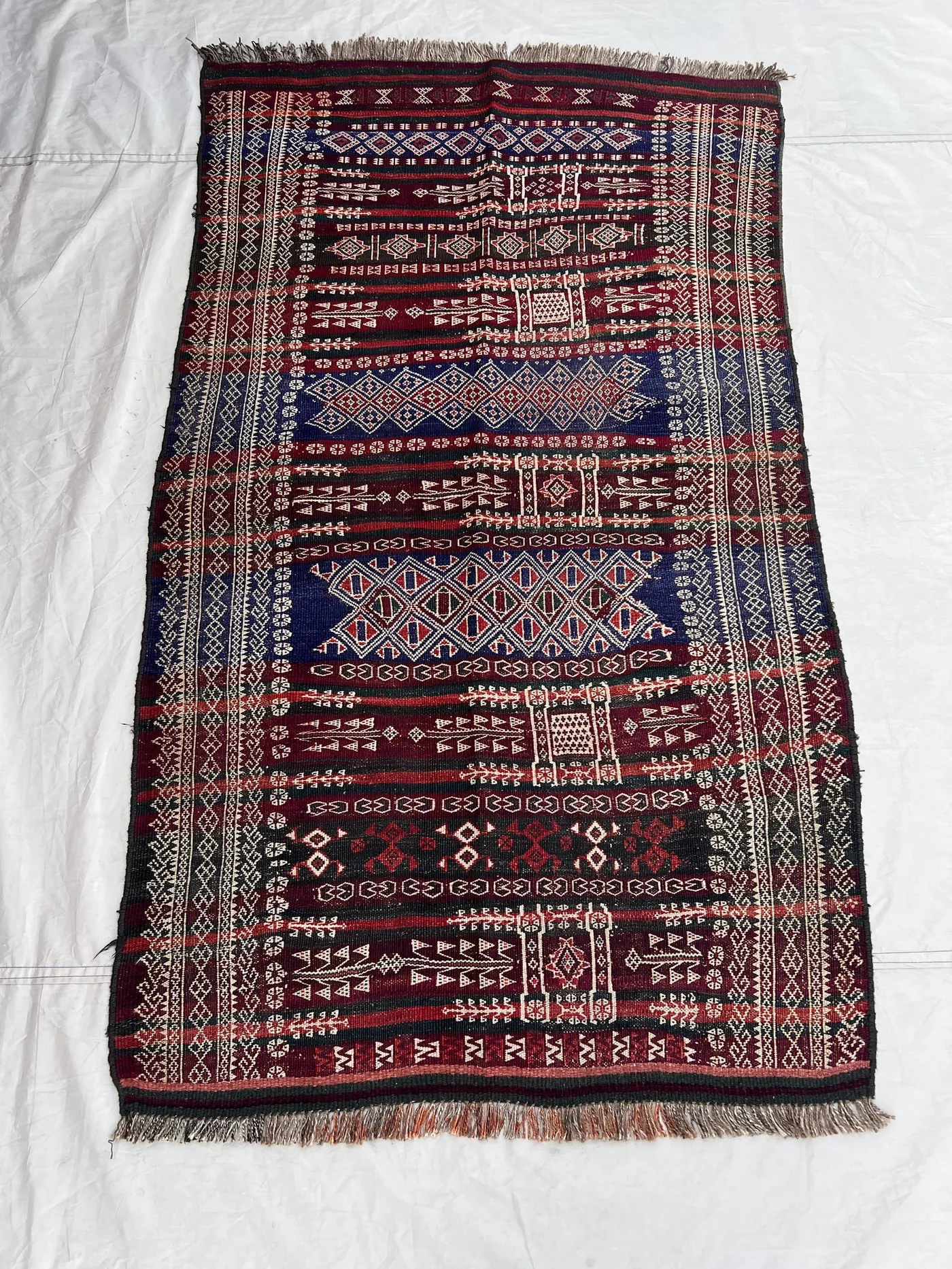 3'5x6'2 Antique Afghan Flat Woven Soumak Wool Kilim Dark Burgundy Navy Stripe Geometric Diamond Arrow Tribal Boho Bedroom Accent Carpet