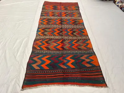 4x9'1 Antique Afghan Tribal Kilim Handwoven Wool Flatweave Bold Chevron Zigzag Orange Teal Multicolor Area Rug