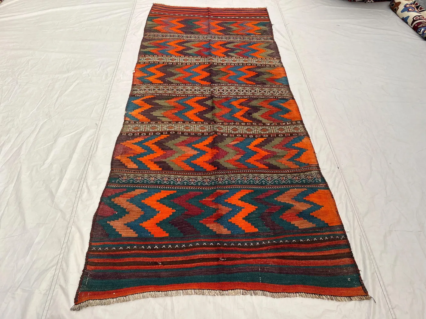 4x9'1 Antique Afghan Tribal Kilim Handwoven Wool Flatweave Bold Chevron Zigzag Orange Teal Multicolor Area Rug | Living Room Bedroom  Decor