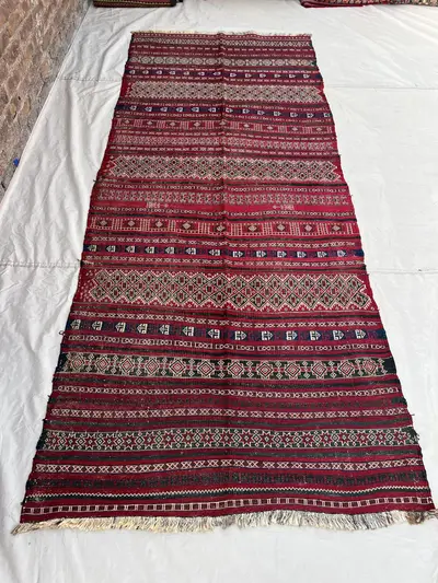4x10 Vintage Afghan Flat Woven Soumak Wool Kilim Red Navy Green Stripe Geometric Diamond Star Tribal Boho Livi