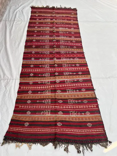 3'6x9'5 Ft Vintage Afghan Flat Woven Wool Kilim Runner Red Brown Stripe Scattered Arrow Diamond Tribal Boho Ha