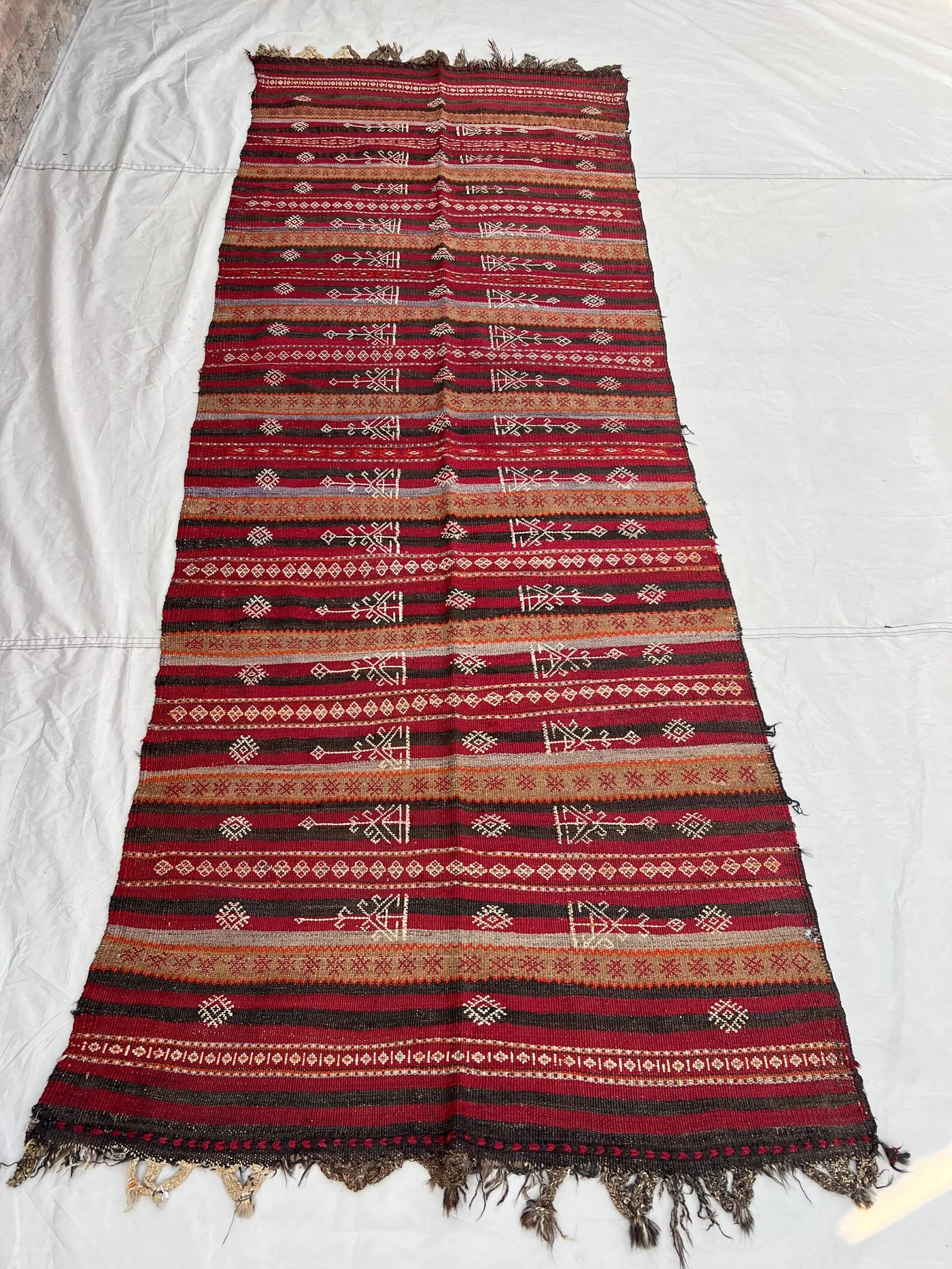 3'6x9'5 Ft Vintage Afghan Flat Woven Wool Kilim Runner Red Brown Stripe Scattered Arrow Diamond Tribal Boho Hallway Staircase Long Carpet