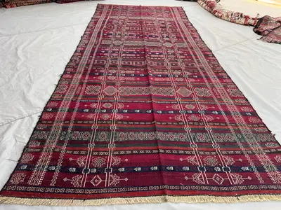 4'5x11'1 ft Vintage Afghan Hand-Woven Wool Kilim Runner | Dense Geometric Grid And Diamond Repeat | Deep Crims