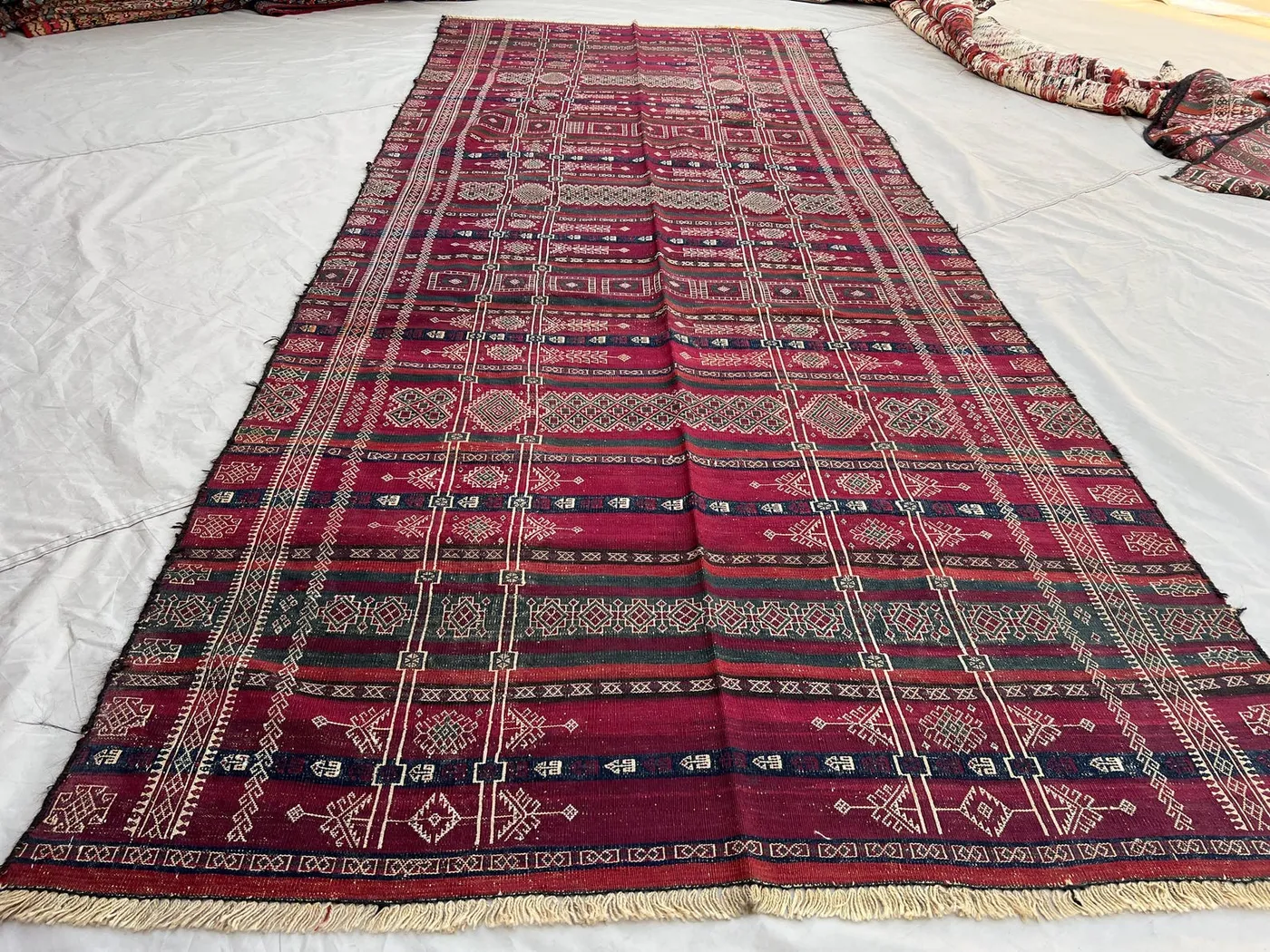 4'5x11'1 ft Vintage Afghan Hand-Woven Wool Kilim Runner | Dense Geometric Grid And Diamond Repeat | Deep Crimson Red Navy & Ivory | Entryway