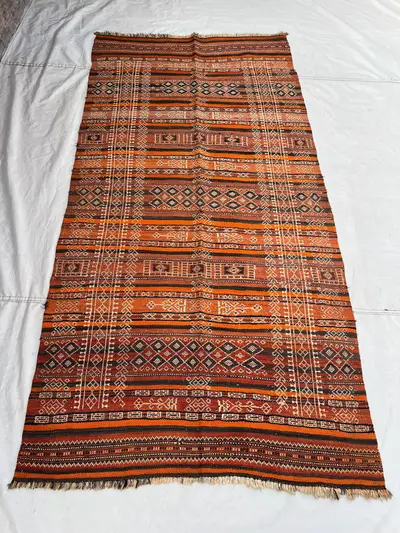 4x8 Vintage Afghan Flat Woven Soumak Wool Kilim Bold Orange Rust Brown Stripe Geometric Diamond Tribal Boho Li