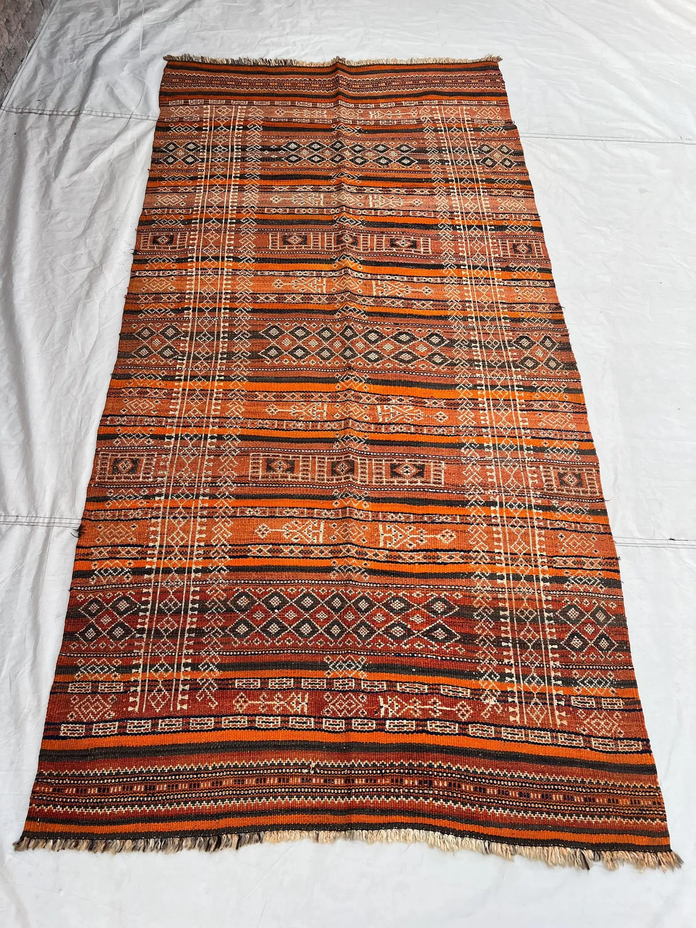 4x8 Vintage Afghan Flat Woven Soumak Wool Kilim Bold Orange Rust Brown Stripe Geometric Diamond Tribal Boho Living Room Bedroom Carpet