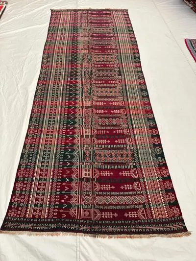 4'8x12 Ft Antique Afghan Kilim Handwoven Wool Flatweave Central Spine Embroidered Stripe Deep Red Forest Green