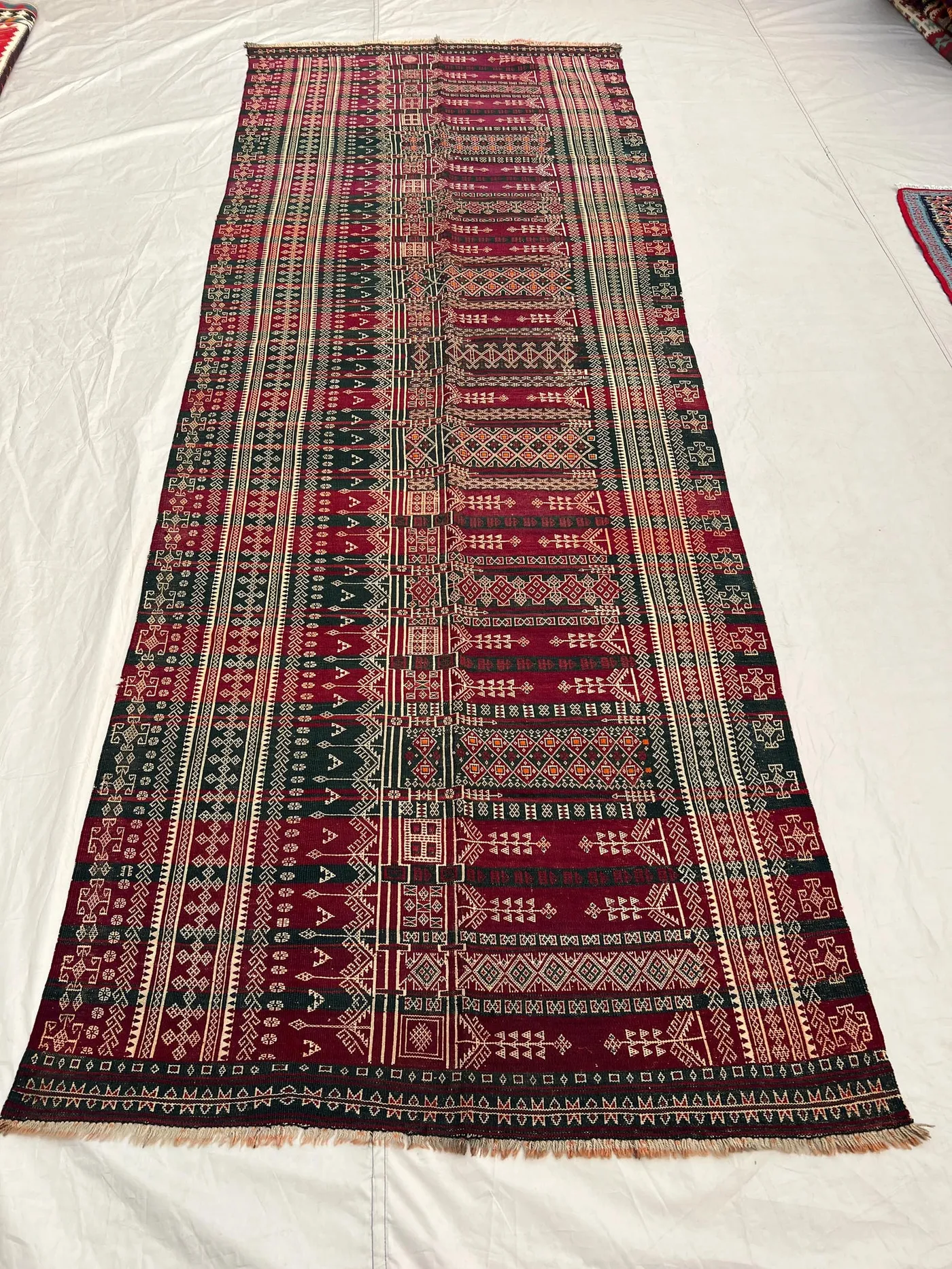 4'8x12 Ft Antique Afghan Kilim Handwoven Wool Flatweave Central Spine Embroidered Stripe Deep Red Forest Green Ivory Extra Long Runner