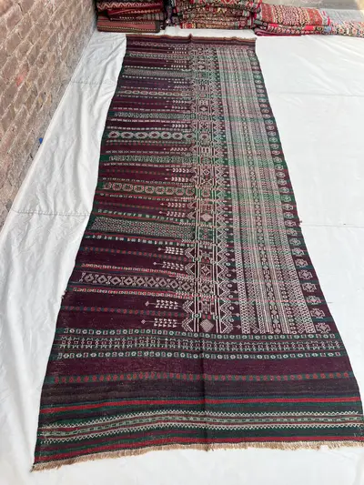 4x11'9 ft Antique Afghan Kilim Runner, Handmade Flatweave Tribal Rug, Long Hallway Runner Rug, Geometric Strip