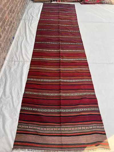 3'5x12'10 Ft Vintage Afghan Flat Woven Wool Kilim Runner Dark Red Striped Geometric Tribal Boho Hallway Stairc