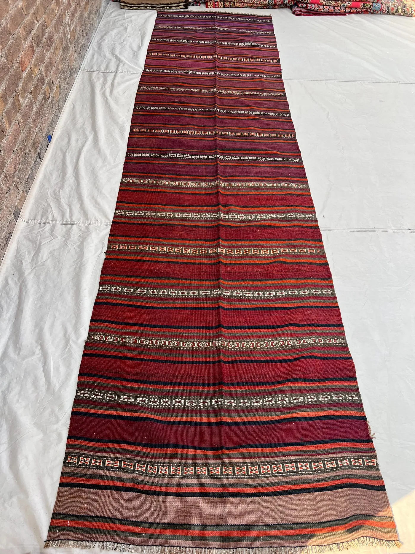 3'5x12'10 Ft Vintage Afghan Flat Woven Wool Kilim Runner Dark Red Striped Geometric Tribal Boho Hallway Staircase Long Runner Carpet