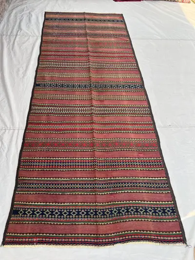 3'11x10 Vintage Afghan Flat Woven Wool Kilim Runner Dusty Rose Red Stripe Geometric Diamond Tribal Boho Hallwa