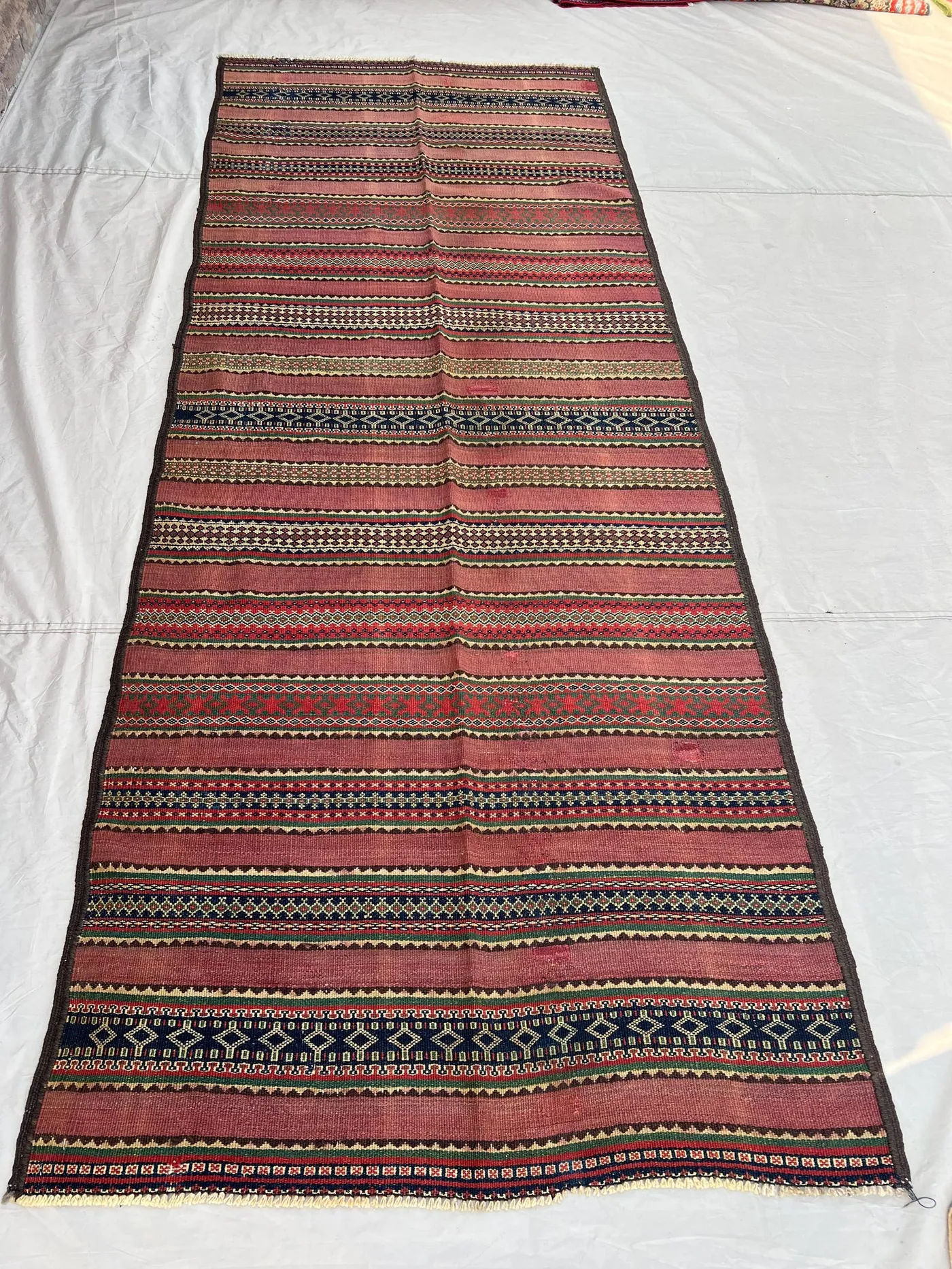 3'11x10 Vintage Afghan Flat Woven Wool Kilim Runner Dusty Rose Red Stripe Geometric Diamond Tribal Boho Hallway Staircase Long Carpet