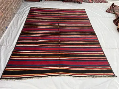 7x9 ft Vintage Afghan Hand-Woven Wool Kilim | Bold Horizontal Stripe | Deep Black Crimson Red Gold & Blue | Li