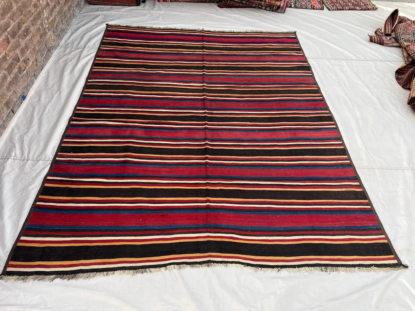 7x9 ft Vintage Afghan Hand-Woven Wool Kilim | Bold Horizontal Stripe | Deep Black Crimson Red Gold & Blue | Living Room Bedroom Dining Room