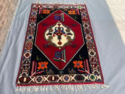 4'2x5'10 Antique Afghan Hand-Knotted Rug, Traditional Design with Rich Colors, Floral & Geometric Motifs Vinta