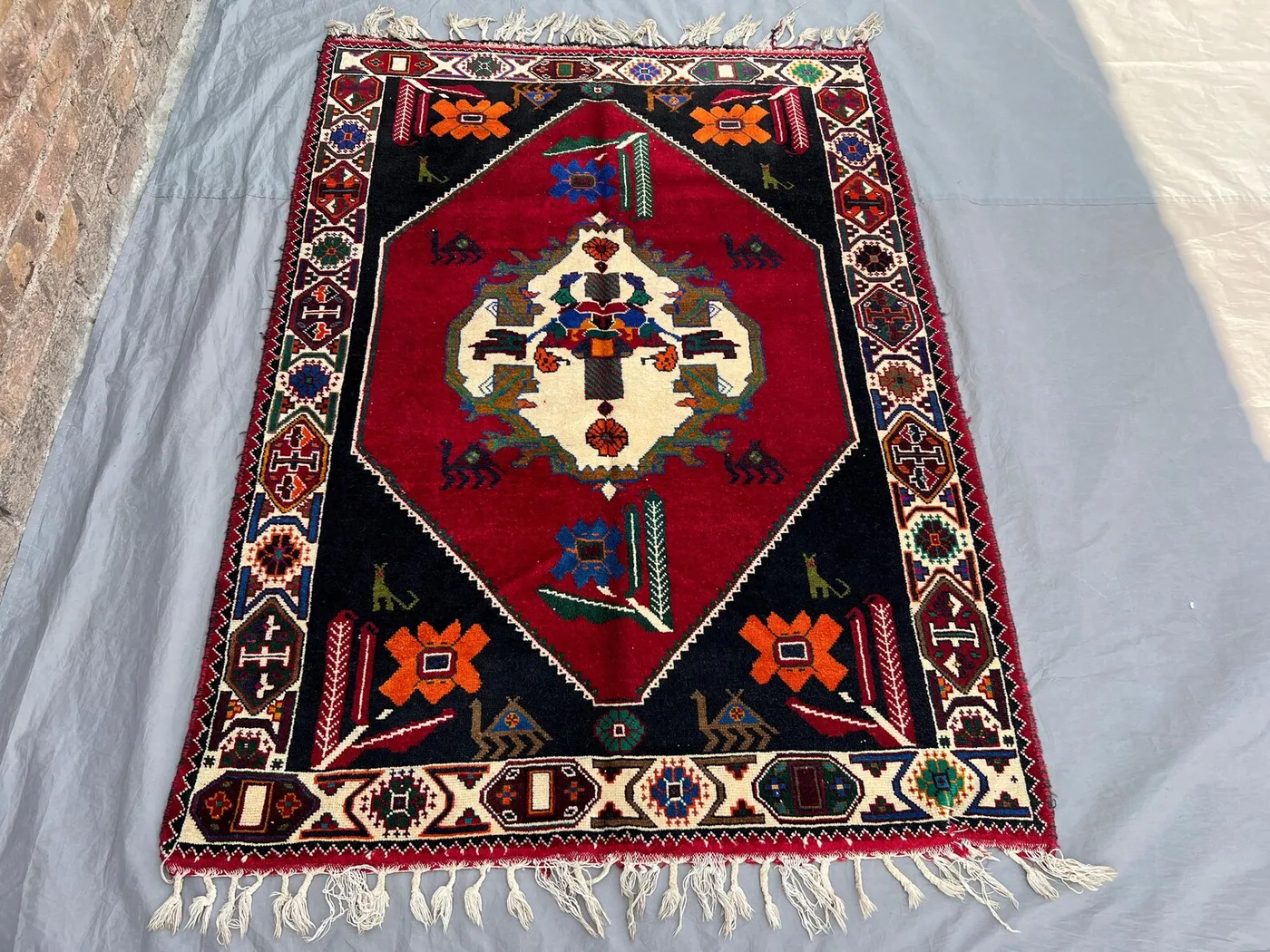 4'2x5'10 Antique Afghan Hand-Knotted Rug, Traditional Design with Rich Colors, Floral & Geometric Motifs Vintage Boho Home Decor Living Room