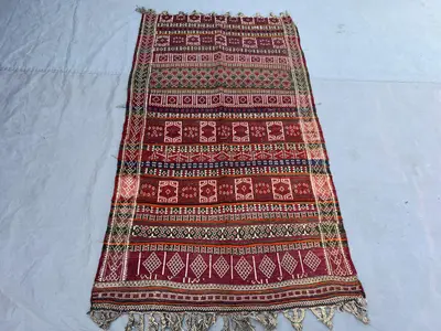 3'6x6'4 Vintage Afghan Flat Woven Soumak Wool Kilim Deep Magenta Red Green Stripe Geometric Square Diamond Tri
