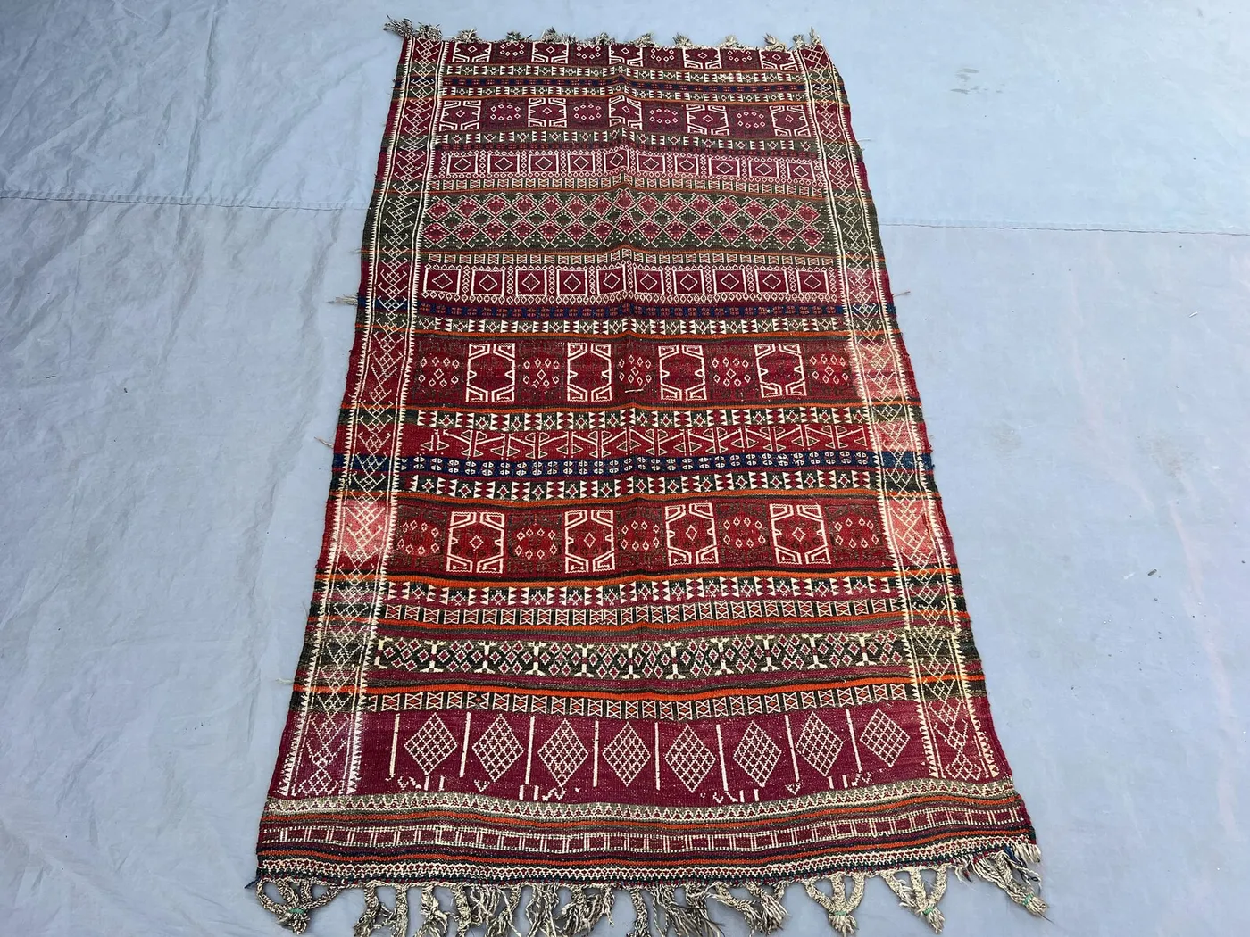 3'6x6'4 Vintage Afghan Flat Woven Soumak Wool Kilim Deep Magenta Red Green Stripe Geometric Square Diamond Tribal Boho Bedroom Carpet