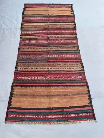 3'7x8'6 Ft Vintage Afghan Flat Woven Wool Kilim Camel Tan Red Green Black Stripe Geometric Tribal Boho Living 