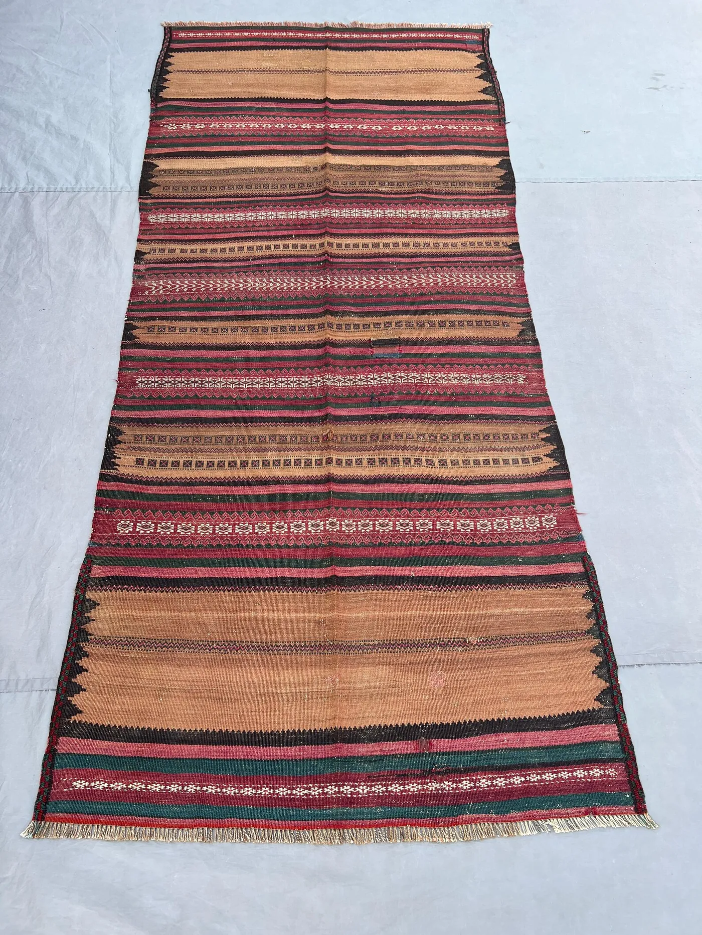 3'7x8'6 Ft Vintage Afghan Flat Woven Wool Kilim Camel Tan Red Green Black Stripe Geometric Tribal Boho Living Room Bedroom Accent Carpet