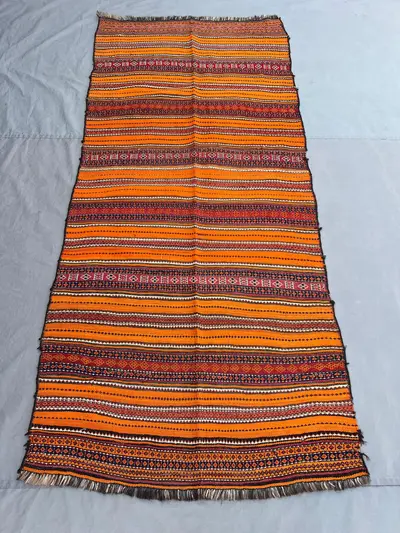 3'7x8 Ft Vintage Afghan Tribal Striped Kilim Rug, Handwoven Vibrant Orange Red Geometric Wool Flatweave | Hall