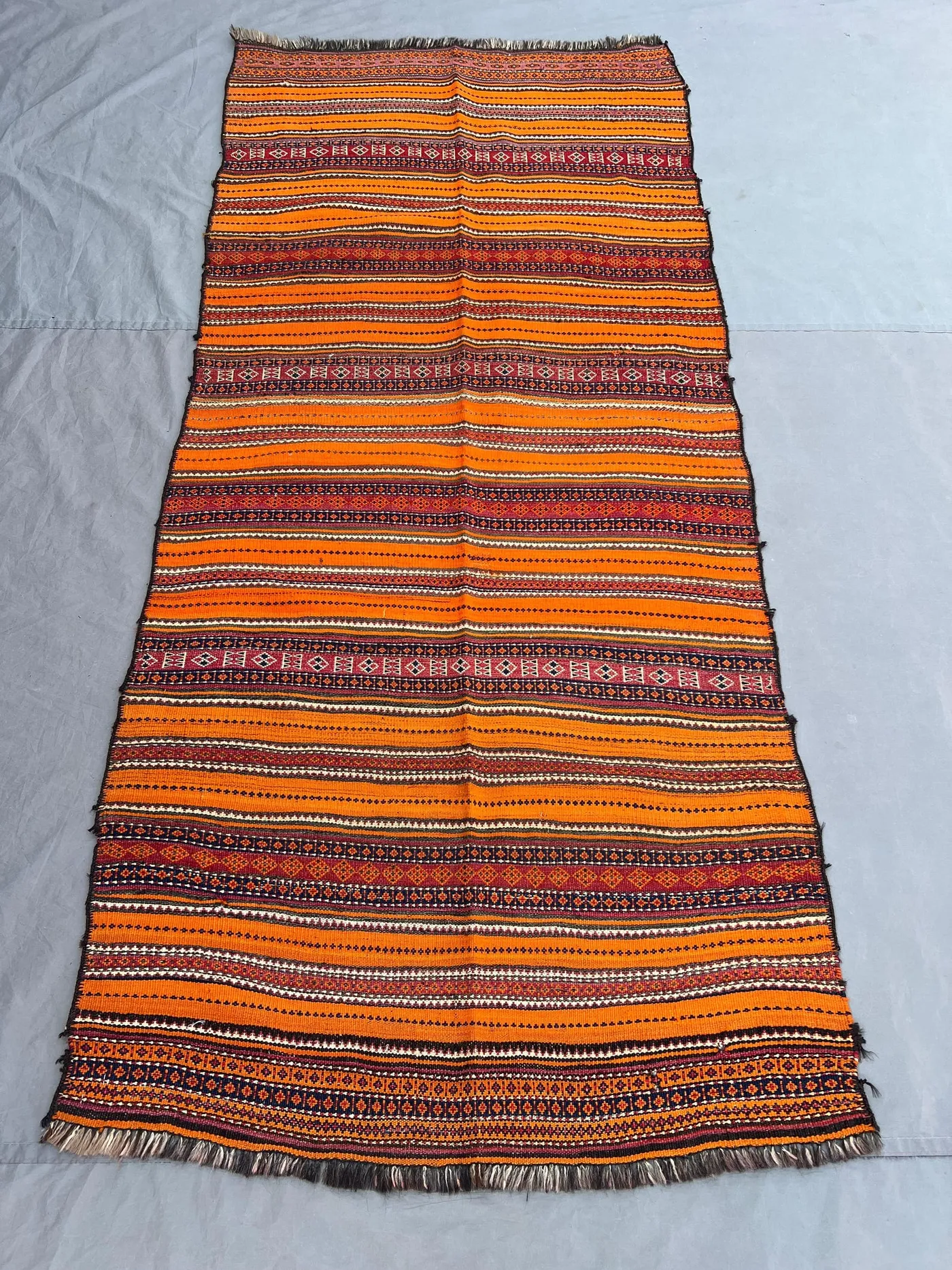 3'7x8 Ft Vintage Afghan Tribal Striped Kilim Rug, Handwoven Vibrant Orange Red Geometric Wool Flatweave | Hallway Living Room Boho Decor