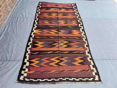 4'5x9'2 Ft Vintage Afghan Tribal Kilim Rug, Handwoven Zigzag Chevron Orange Purple Black Wool Flatweave | Livi