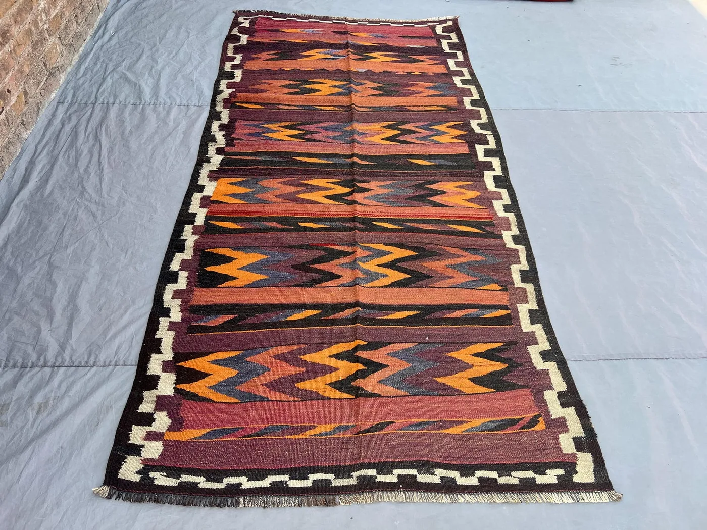 4'5x9'2 Ft Vintage Afghan Tribal Kilim Rug, Handwoven Zigzag Chevron Orange Purple Black Wool Flatweave | Living Room Boho Eclectic Decor