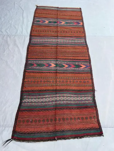 3'2x8 ft Vintage Afghan Kilim Runner, Handmade Flatweave Wool Rug, Long Hallway Runner Rug, Tribal Striped Car