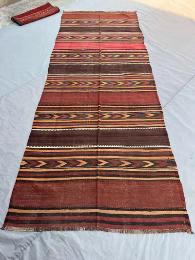 4x12'2 ft Vintage Afghan Kilim Runner, Handmade Flatweave Wool Rug, Long Hallway Runner Rug, Tribal Striped Ca
